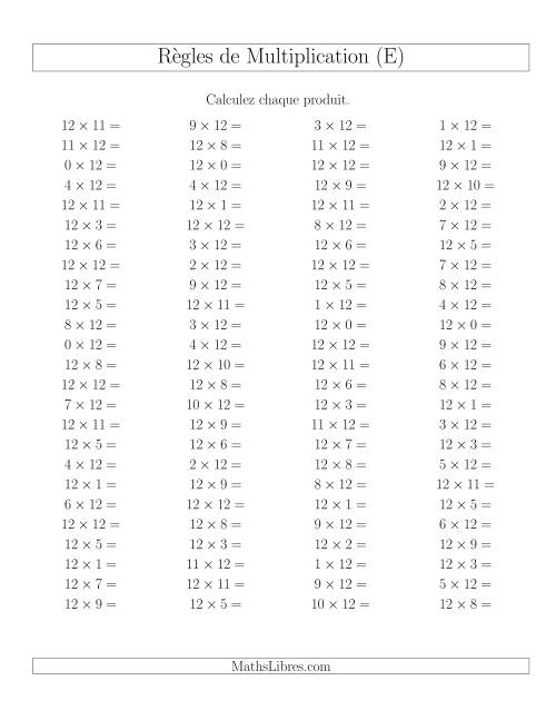 Règles de Multiplication -- Règles de 12 × 0-12 (E)