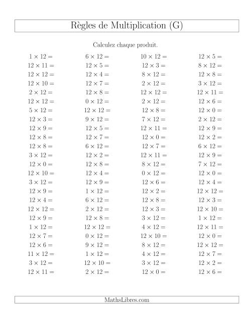 Règles de Multiplication -- Règles de 12 × 0-12 (G)