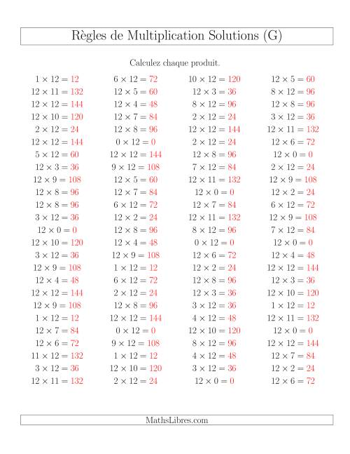 Règles de Multiplication -- Règles de 12 × 0-12 (G) page 2