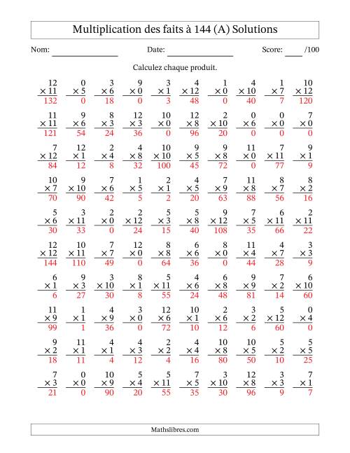 Multiplication des faits à 144 (100 Questions) (Avec zéros) (A) page 2