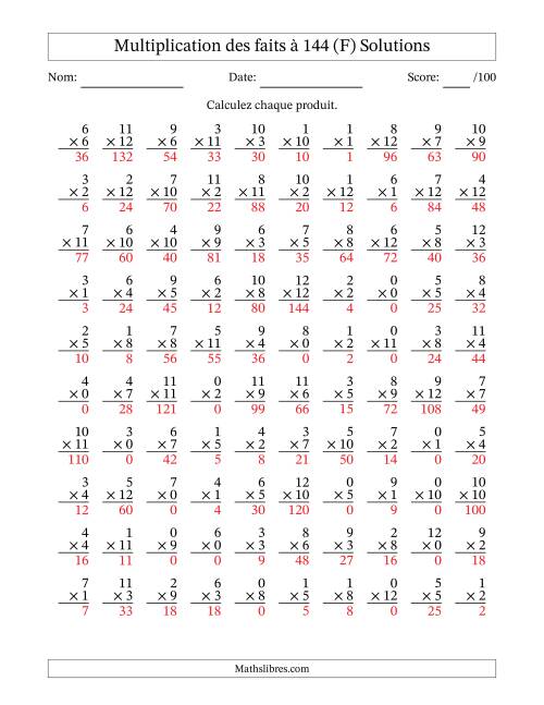 Multiplication des faits à 144 (100 Questions) (Avec zéros) (F) page 2