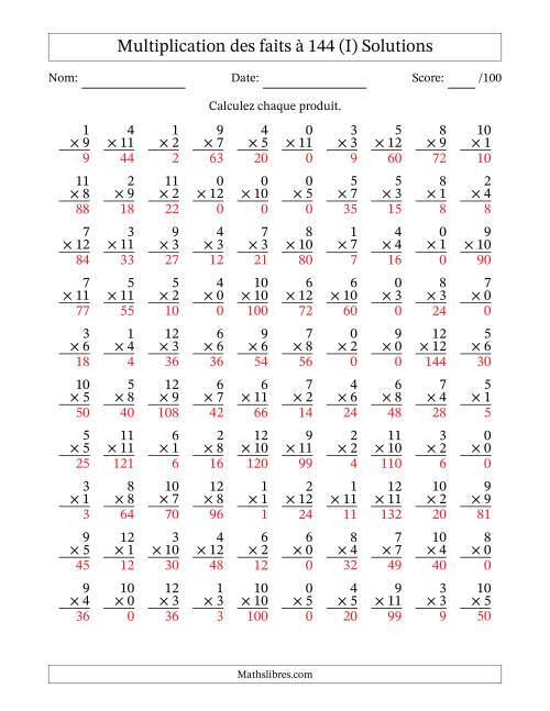 Multiplication des faits à 144 (100 Questions) (Avec zéros) (I) page 2