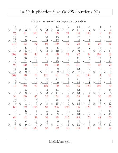 Règles de Multiplication Jusqu'à 225 (C) page 2