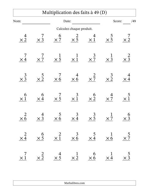 Multiplication des faits à 49 (49 Questions) (Pas de Zeros) (D)