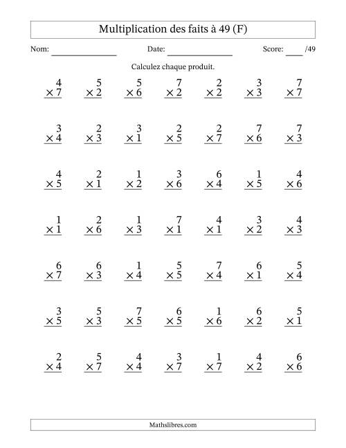 Multiplication des faits à 49 (49 Questions) (Pas de Zeros) (F)
