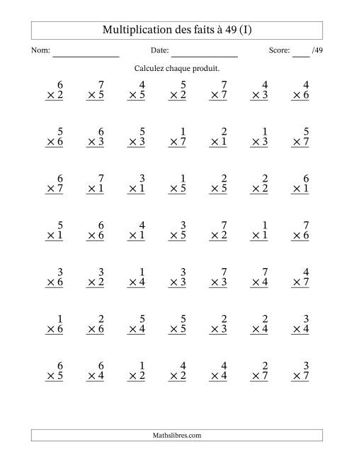 Multiplication des faits à 49 (49 Questions) (Pas de Zeros) (I)
