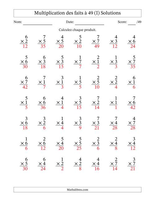 Multiplication des faits à 49 (49 Questions) (Pas de Zeros) (I) page 2