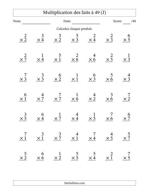 Multiplication des faits à 49 (49 Questions) (Pas de Zeros) (J)