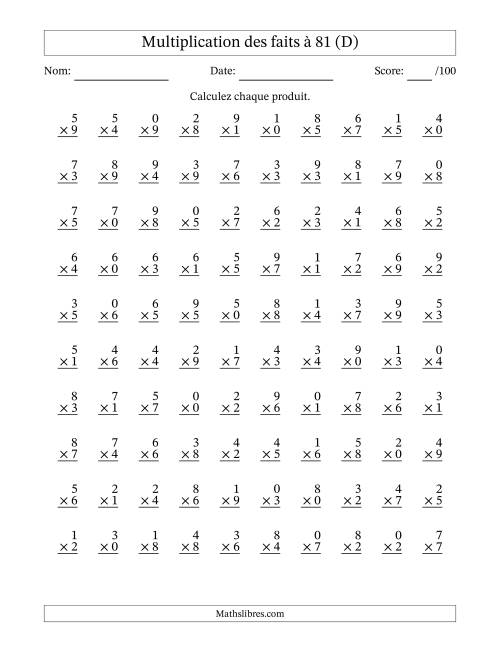 Multiplication des faits à 81 (100 Questions) (Avec zéros) (D)