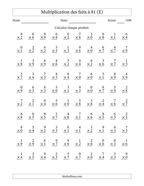 Multiplication des faits à 81 (100 Questions) (Avec zéros) (E)