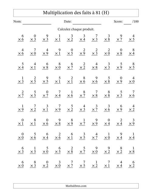 Multiplication des faits à 81 (100 Questions) (Avec zéros) (H)
