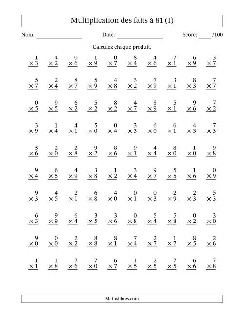 Multiplication des faits à 81 (100 Questions) (Avec zéros) (I)