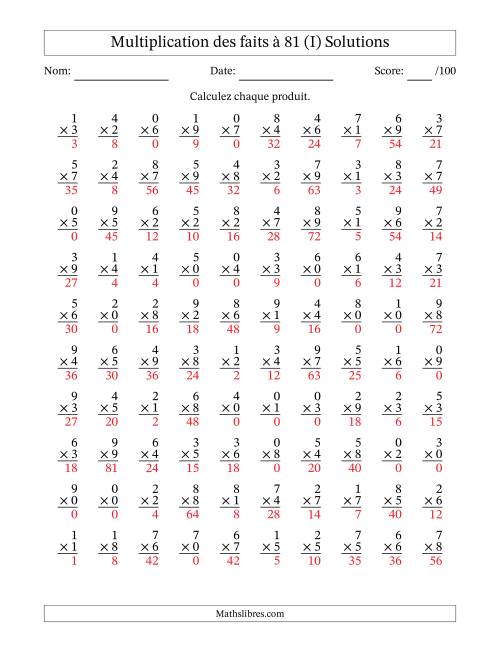 Multiplication des faits à 81 (100 Questions) (Avec zéros) (I) page 2