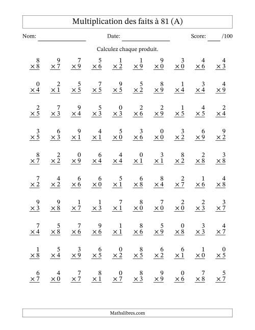 Multiplication des faits à 81 (100 Questions) (Avec zéros) (Tout)