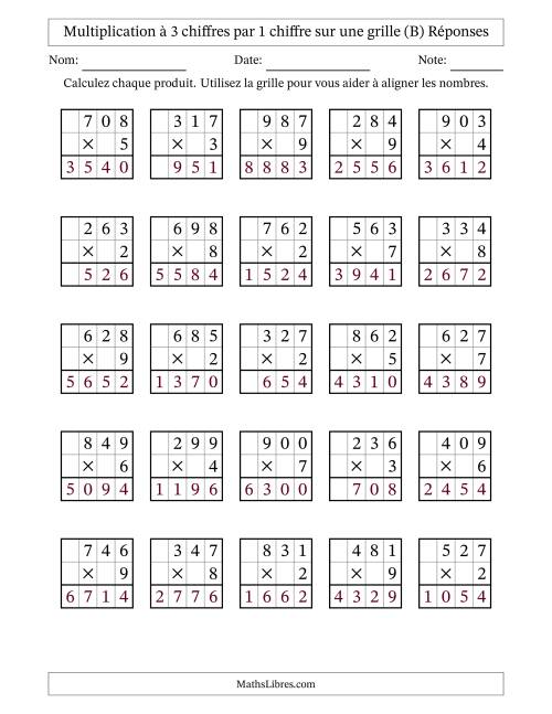 Multiplication à 3 chiffres par 1 chiffre avec le support d'une grille (B) page 2