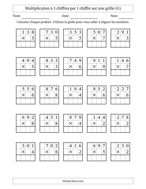 Multiplication à 3 chiffres par 1 chiffre avec le support d'une grille (G)