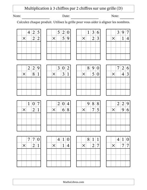 Multiplication à 3 chiffres par 2 chiffres avec le support d'une grille (D)