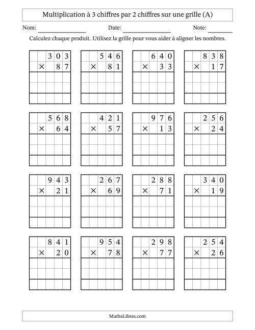 Multiplication à 3 chiffres par 2 chiffres avec le support d'une grille (Tout)