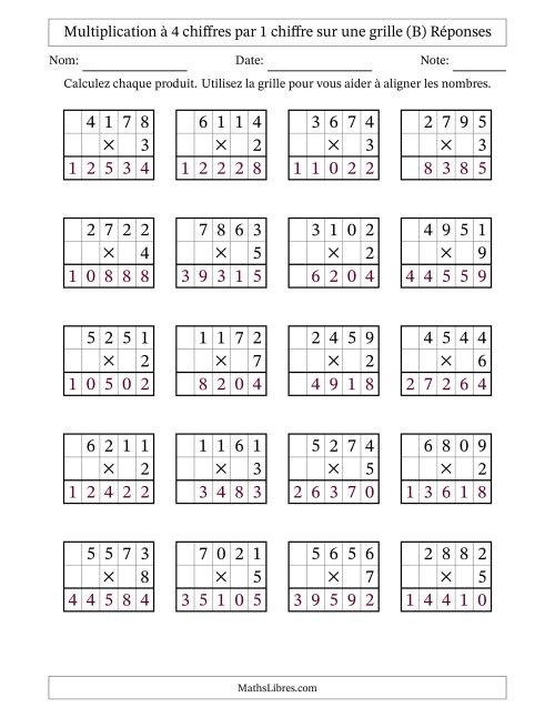 Multiplication à 4 chiffres par 1 chiffre avec le support d'une grille (B) page 2