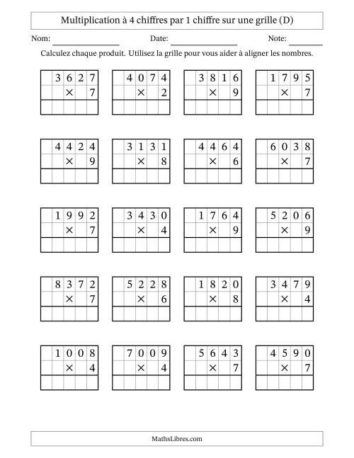 Multiplication à 4 chiffres par 1 chiffre avec le support d'une grille (D)