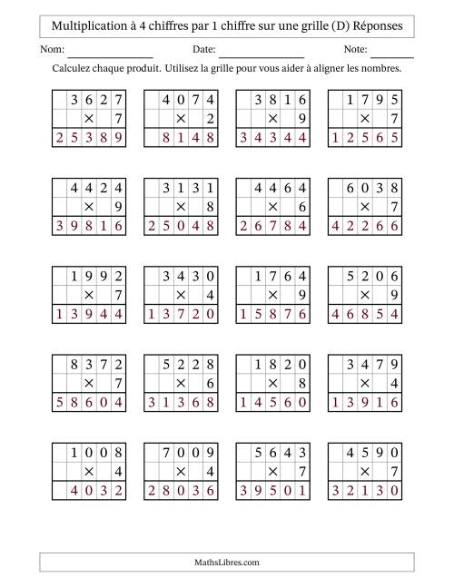Multiplication à 4 chiffres par 1 chiffre avec le support d'une grille (D) page 2