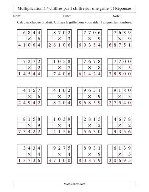 Multiplication à 4 chiffres par 1 chiffre avec le support d'une grille (J) page 2
