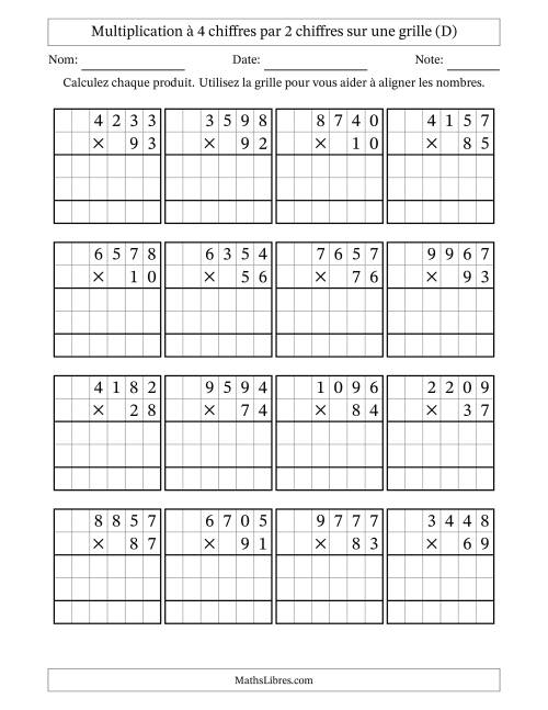 Multiplication à 4 chiffres par 2 chiffres avec le support d'une grille (D)