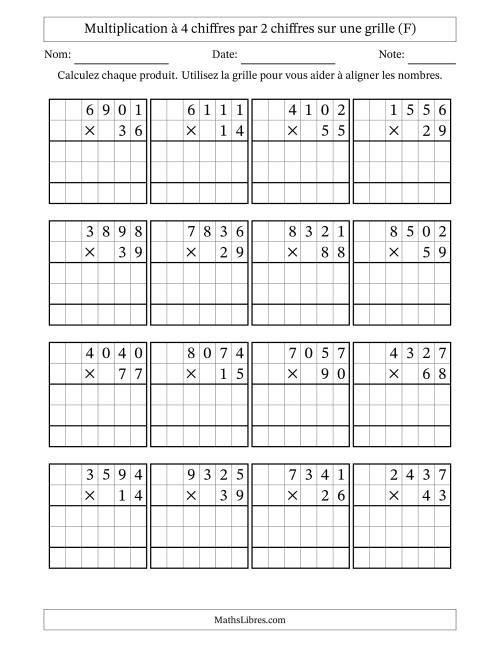 Multiplication à 4 chiffres par 2 chiffres avec le support d'une grille (F)