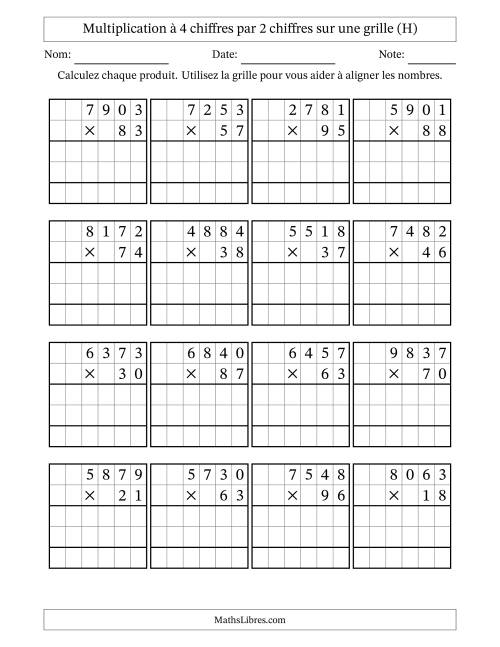 Multiplication à 4 chiffres par 2 chiffres avec le support d'une grille (H)