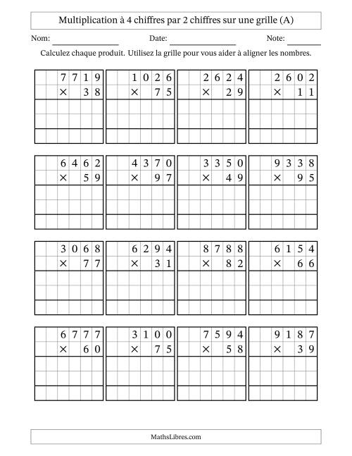 Multiplication à 4 chiffres par 2 chiffres avec le support d'une grille (Tout)