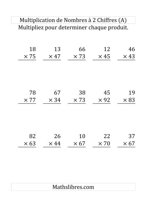 Multiplication de Nombres à 2 Chiffres par des Nombres à 2 Chiffres (Gros Caractère) (A)