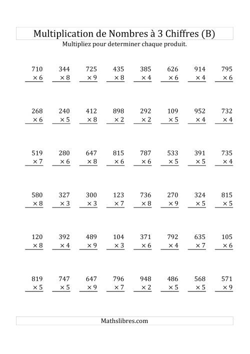 Multiplication de Nombres à 3 Chiffres par des Nombres à 1 Chiffre (B)