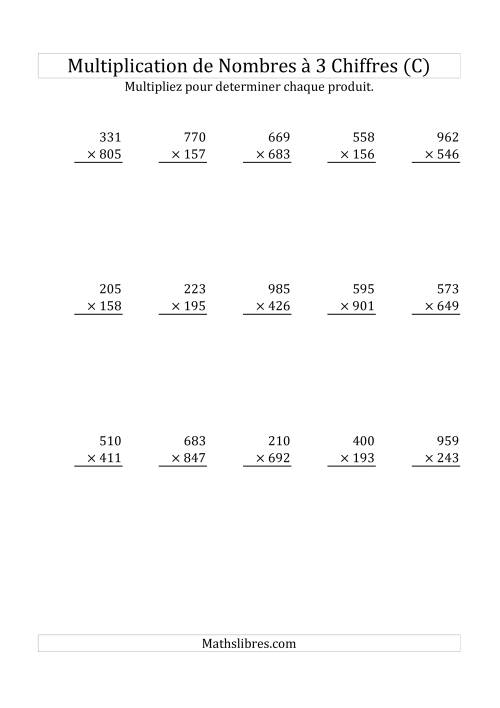 Multiplication de Nombres à 3 Chiffres par des Nombres à 3 Chiffres (C)