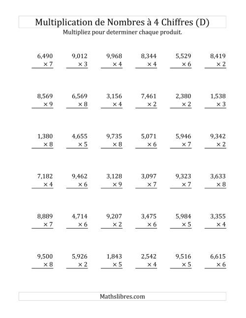 Multiplication de Nombres à 4 Chiffres par des Nombres à 1 Chiffre (D)
