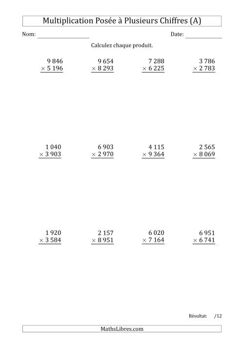 Multiplication d'un Nombre à 4 Chiffres par un Nombre à 4 Chiffres avec une Espace comme Séparateur de Milliers (A)