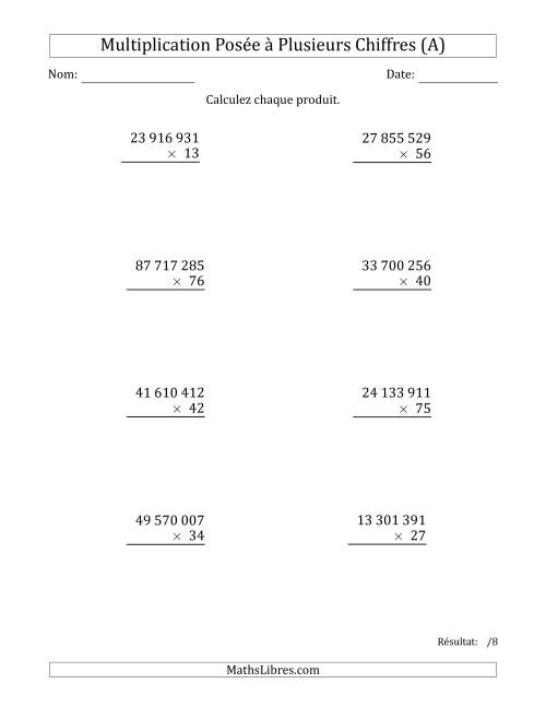 Multiplication d'un Nombre à 8 Chiffres par un Nombre à 2 Chiffres avec une Espace comme Séparateur de Milliers (A)