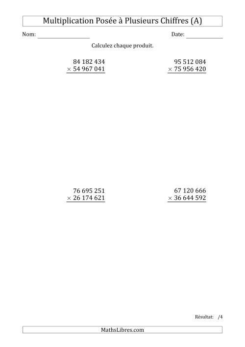 Multiplication d'un Nombre à 8 Chiffres par un Nombre à 8 Chiffres avec une Espace Comme Séparateur des Milliers (A)