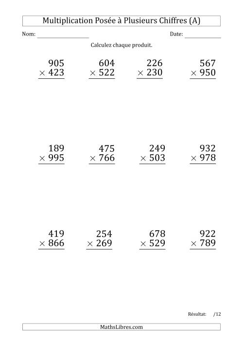Multiplication d'un Nombre à 3 Chiffres par un Nombre à 3 Chiffres (Gros Caractère) avec un Point comme Séparateur de Milliers (A)