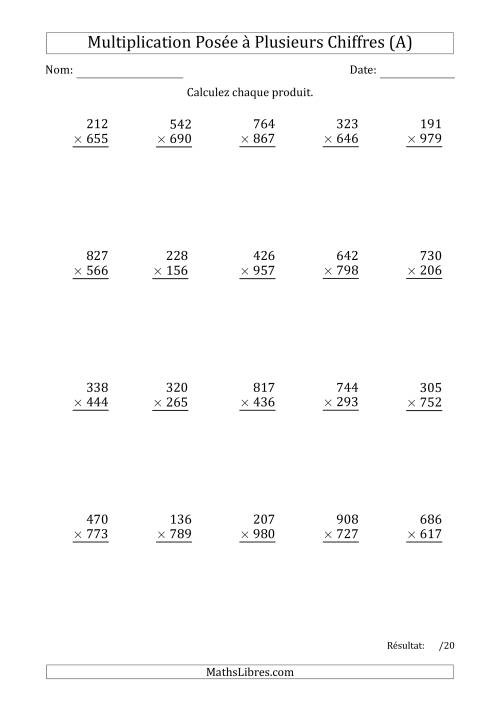 Multiplication d'un Nombre à 3 Chiffres par un Nombre à 3 Chiffres (A)