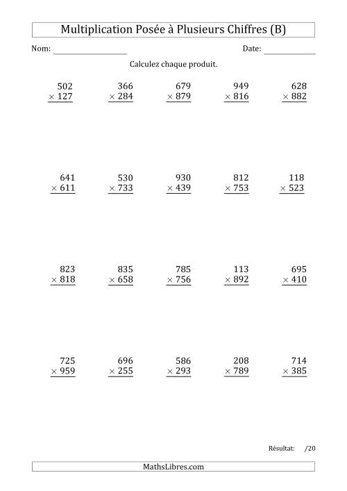 Multiplication d'un Nombre à 3 Chiffres par un Nombre à 3 Chiffres (B)