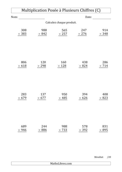 Multiplication d'un Nombre à 3 Chiffres par un Nombre à 3 Chiffres (C)
