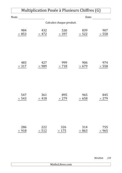 Multiplication d'un Nombre à 3 Chiffres par un Nombre à 3 Chiffres (G)