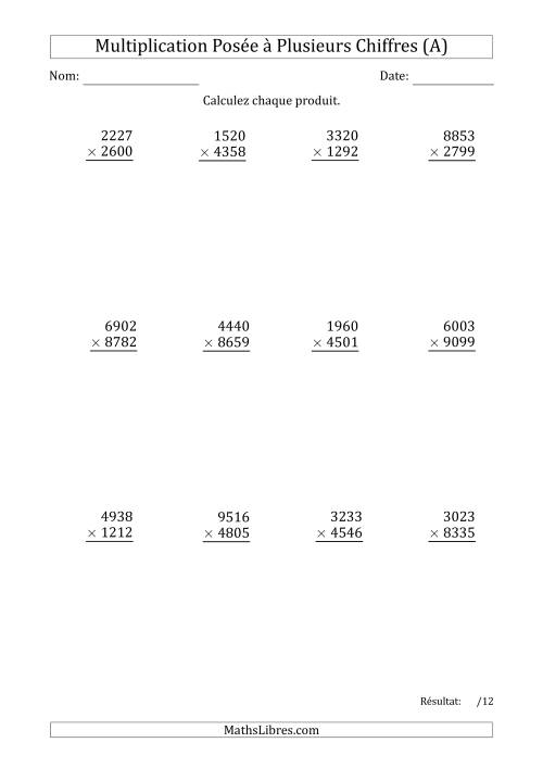 Multiplication d'un Nombre à 4 Chiffres par un Nombre à 4 Chiffres (A)