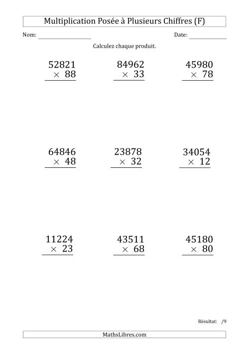 Multiplication d'un Nombre à 5 Chiffres par un Nombre à 2 Chiffres (Gros Caractère) (F)