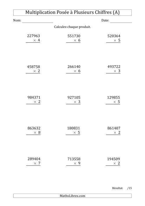 Multiplication d'un Nombre à 6 Chiffres par un Nombre à 1 Chiffre (A)