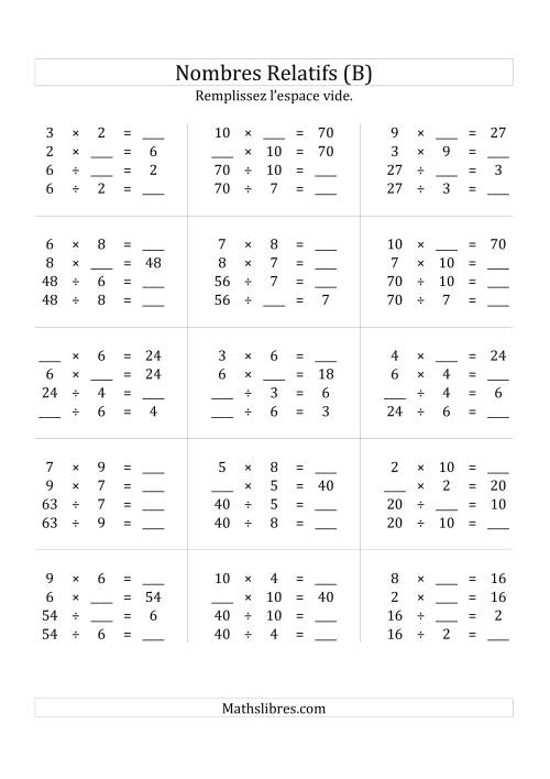 Multiplication & la Division des Nombres Relatifs Jusqu'à 100 (B)