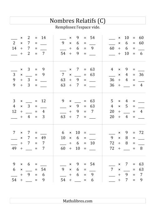Multiplication & la Division des Nombres Relatifs Jusqu'à 100 (C)