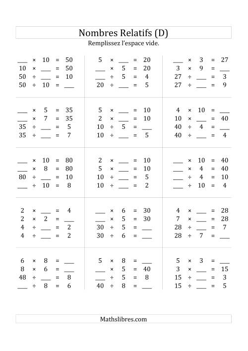 Multiplication & la Division des Nombres Relatifs Jusqu'à 100 (D)