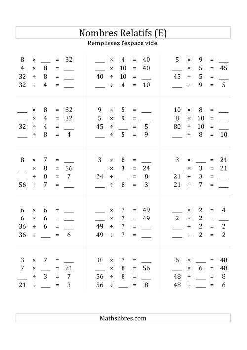 Multiplication & la Division des Nombres Relatifs Jusqu'à 100 (E)