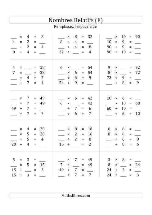 Multiplication & la Division des Nombres Relatifs Jusqu'à 100 (F)